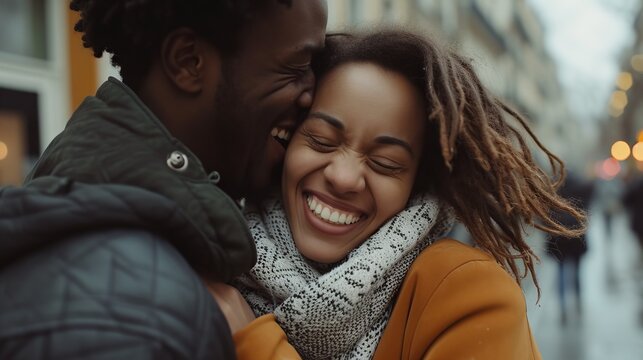 Couple laughing and hugging in the open air
