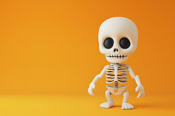 Halloween skeleton in 3d cartoon style on yellow background.