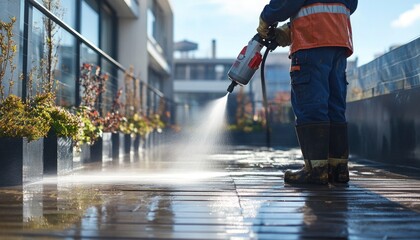 A man is actively using a high pressure washer to thoroughly clean a sidewalk surface