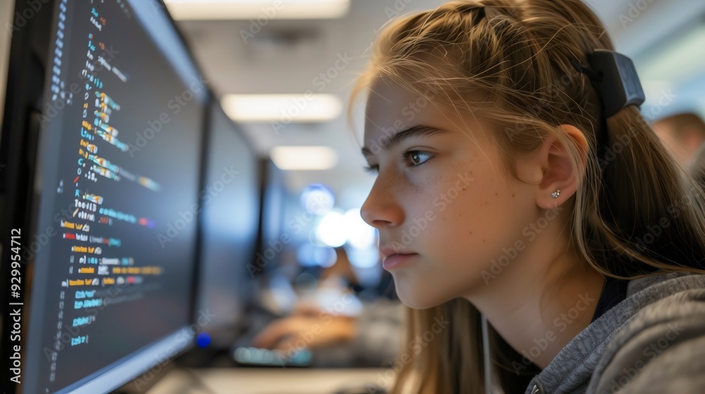 Wall mural teenage girl in a school informatics classroom looking at a computer screen monitor with programming