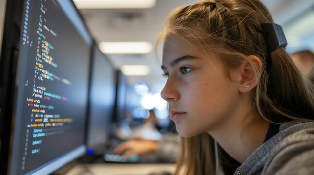 Teenage girl in a school informatics classroom looking at a computer screen monitor with programming codes Student learning digital software lessons Online education Technology science Communication 