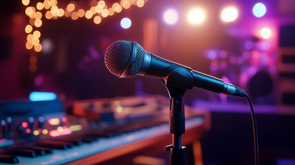 A microphone placed in an acoustically treated studio, with soft lighting and high end gear.