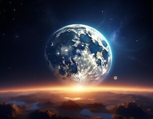 幻想的に大きな月と地平線