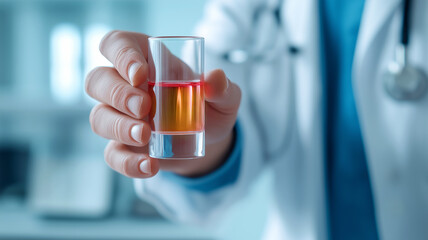 a doctor's hand holding a urine sample with a red discoloration, symbolizing the detection of blood in urine and the need for further medical investigation.