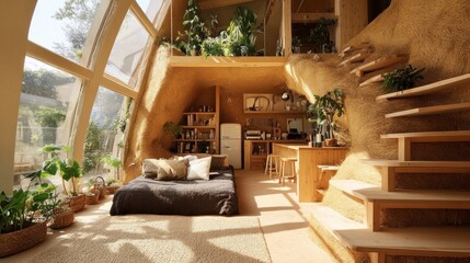Modern minimalist straw bale home with a bed, shelves, and a kitchen with a countertop and stools, natural light comes through large arched windows.