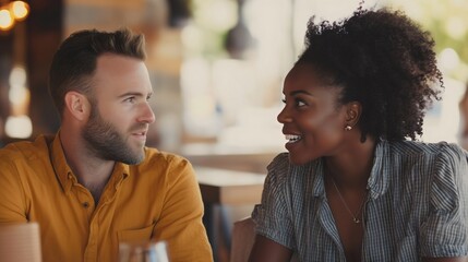 Young caucasian man talking with African American black woman at a cafe restaurant sitting at the table Multiethnic friendship Eating drinking together Date meeting Smiling people Couple in love - Powered by Adobe