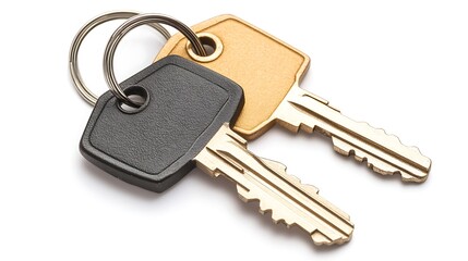 Two keys on a silver ring, one with a black plastic head and one with a gold head, isolated on a white background.