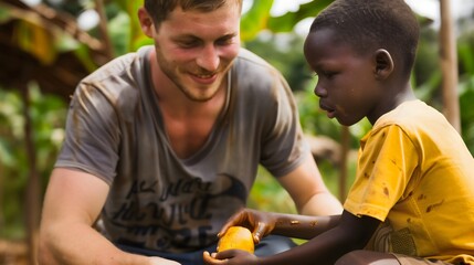 Man giving food to little black African child Poor rural village World hunger Male volunteer helping orphans Charity donations Ethnicity Happy hungry kids Human love Aid Hope Refugee Prayer Poverty