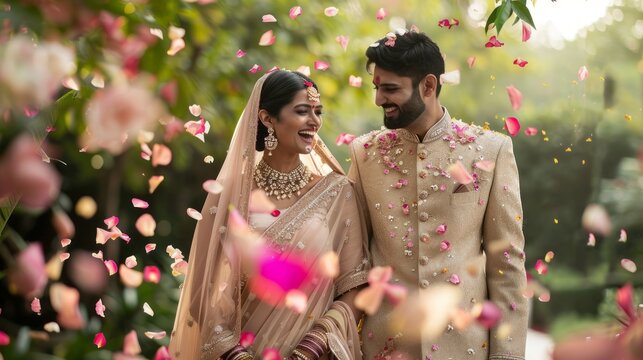 A radiant Indian couple smiles at each other as petals fall around them, capturing their happiness on this festive occasion