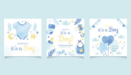 Baby Boy Blue Square Post Set in Watercolor Style