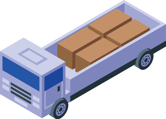 Delivery truck carrying cardboard boxes on its open bed, logistics and shipping concept in isometric view