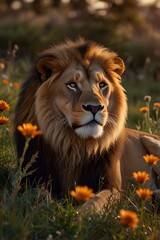 Obraz premium Lion in the flower field