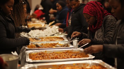 Volunteers prepare and distribute meals to community members during a winter event