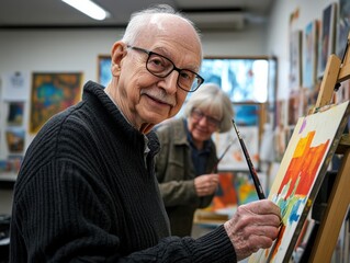 An older man and woman are painting a picture together in the art class