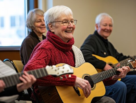 A group of older people are playing guitars and smiling at the nursing home