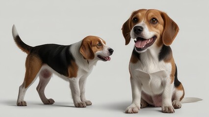 happy beagle portrait sitting and standing isolated on a white background