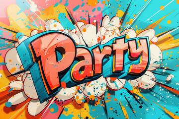 Obraz premium Colorful comic book style pop art with sound effect word 'Party'