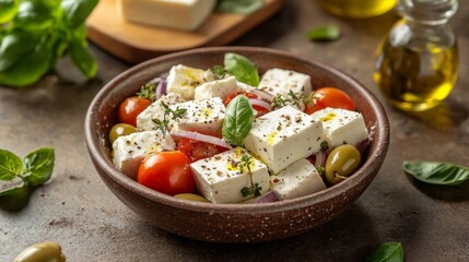 Feta cheese salad with olives, tomatoes, onions, coriander, halloumi, and basil on brown background