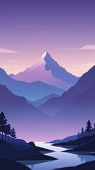 Tranquil dusk in the mountains, featuring a serene river and softly lit peaks