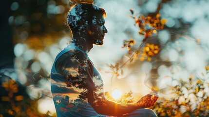 A sportsman practicing meditation, emphasizing calm and mental clarity (close up, meditation theme, surreal, double exposure, zen garden backdrop)