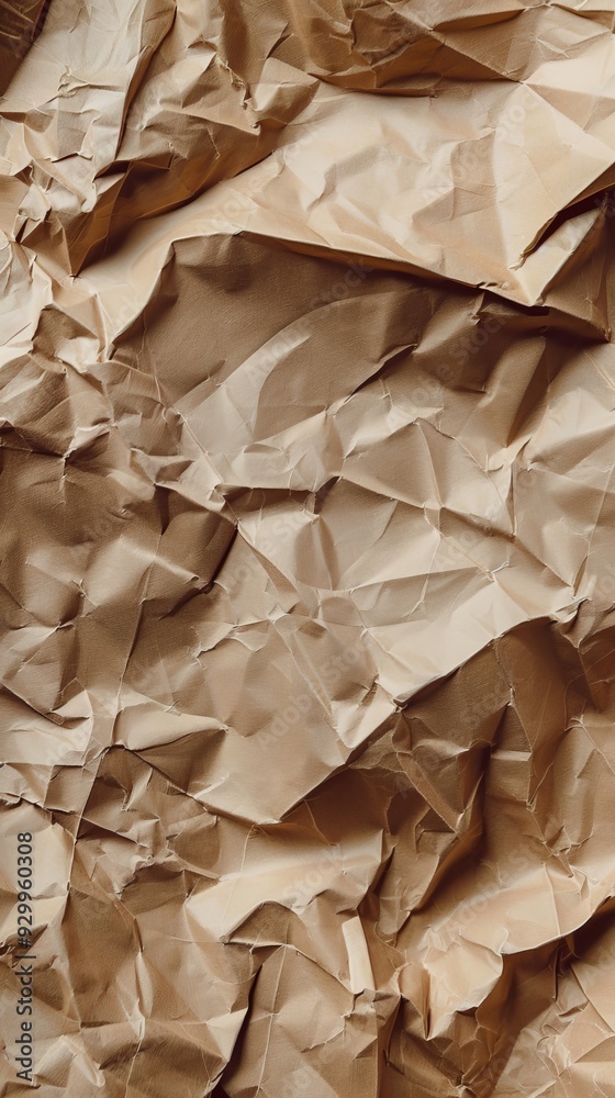 Poster Crumpled brown paper displays a complex pattern of folds and textures, illuminated softly to highlight its natural characteristics