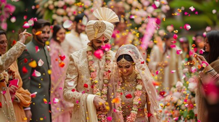 Newlyweds enjoy a joyous moment as guests shower them with colorful rose petals, creating a vibrant and festive atmosphere during their wedding celebration