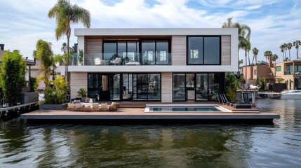 Obraz premium Modern house on the water with a pool and patio.