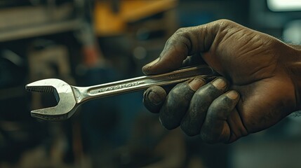 A detailed shot of a mechanic's hand using a wrench, framed with minimalist composition and neutral backdrop.