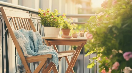 Cozy balcony with a wooden chair, table, and plants in pots.