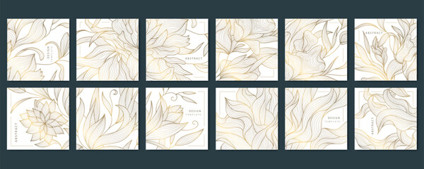 Vector set of floral gold on white patterns, luxury leaf, flower cards, square line plant vintage ornament. 