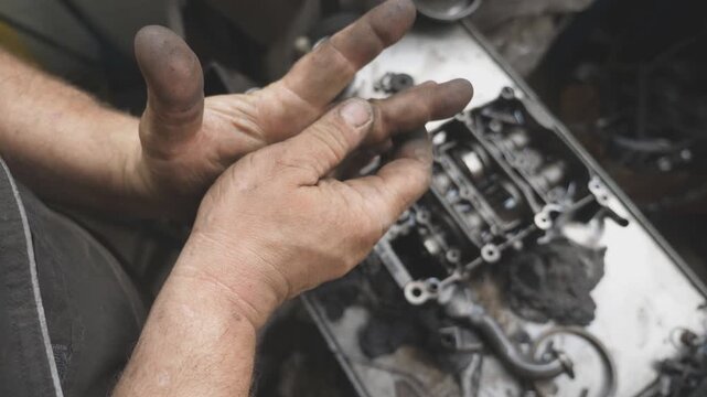 POV male dirty hands of young mechanic at workshop. Repairman rubbing unclean arms from fuel oil after hard work at garage. Concept of maintenance service. Slow motion