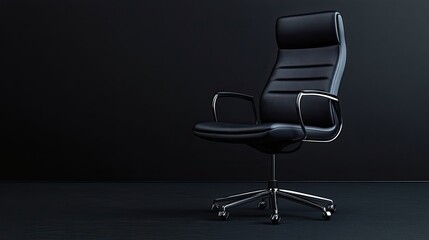 Fototapeta premium A sleek black office chair stands alone against a dark, shadowy background, highlighting its elegant design.