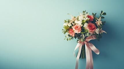 Fototapeta premium A wedding bouquet adorned with satin ribbon, isolated on a simple background, highlighting the elegance of the arrangement.