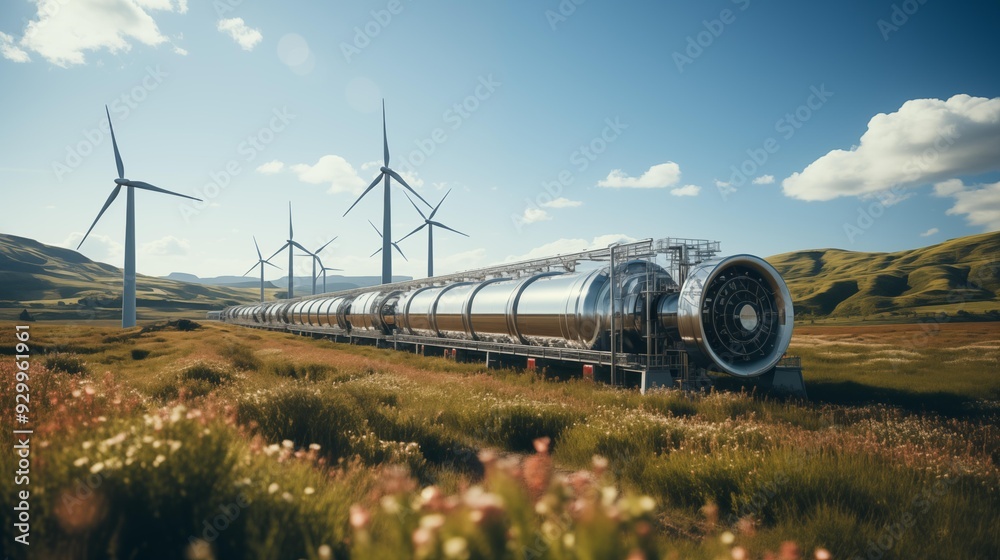 Wall mural a long train of wind turbines is in a field