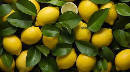 A bunch of lemons and limes are on a leafy green background