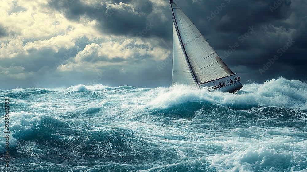 Wall mural Sailboat navigating rough seas during a storm