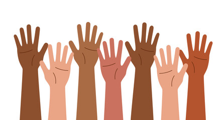 Human hands raised up isolated on white background. Voting concept. Racial equality concept. Friendship concept. Concept of struggle for rights.
