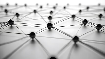 A digital network diagram, with bold black lines connecting sleek, metallic nodes on a bright white background, the lines form a precise grid, illuminated by soft, ambient light that adds depth and