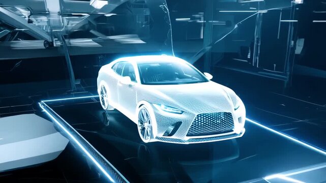 Blue holographic mesh car spinning on digital abstract background