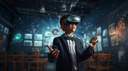 School boy student wearing VR headset using AI artificial intelligence technology learning classroom, Smart tech