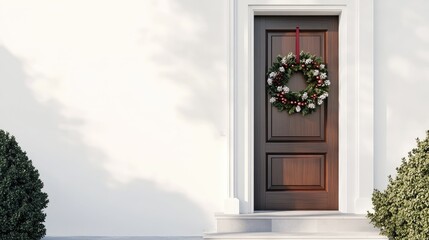 Conceptual image of a door decorated with seasonal wreaths, isolated against a simple background to highlight the decor.
