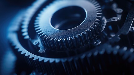 Detailed shot of a single mechanical gear on a dark blue background, highlighting its complexity and engineering.