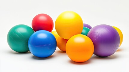 Different-sized fitness balls arranged on a white background, providing a clear view of their variety and application.
