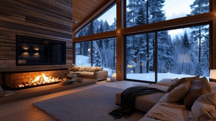 Cozy living room with modern design, warm fireplace, large windows, and snowy landscape, perfect for winter relaxation.