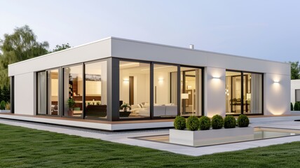Modern house design featuring large glass windows and spacious outdoor area, perfect for contemporary living and relaxation.