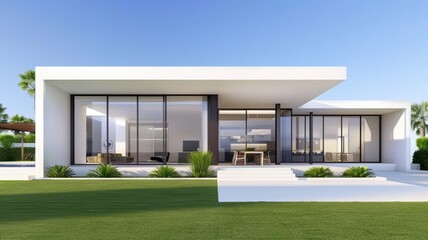 Modern minimalist house with large windows, surrounded by greenery, featuring a sleek design and an inviting outdoor space.