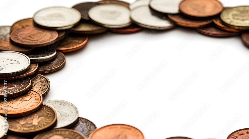 Fototapete minimalist shot of coins in a circular pattern, with a plain backdrop offering space for text or gra