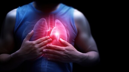 A person holding their chest, symbolizing lung health and respiratory awareness with glowing lungs in focus.
