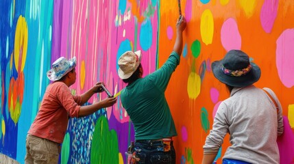 Artists work together to create a bright urban mural filled with colors and patterns on a wall