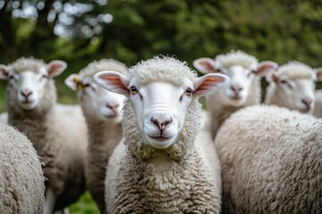Obraz premium A group of sheep in the countryside, all white sheep